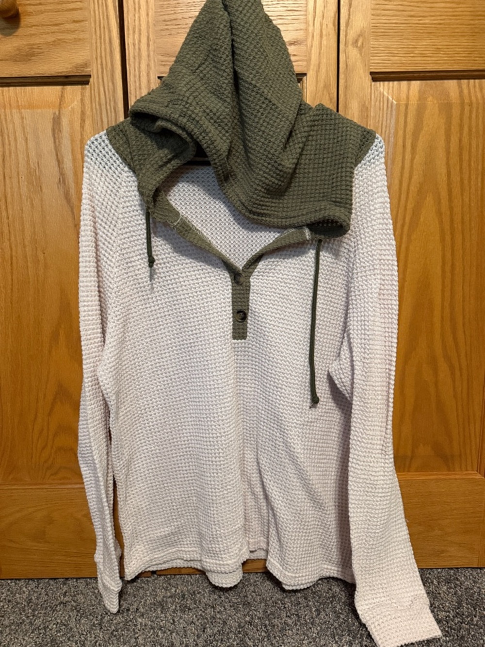 SHEIN Olive Hood & Cream Waffle Knit Henley Pullover